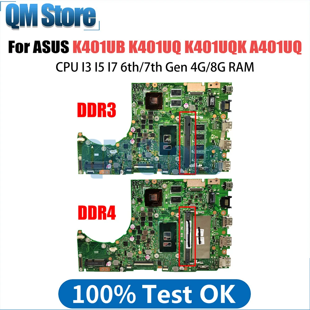 K401UB Laptop Motherboard For ASUS K401UQ A401U K401UQK A401UQ V401UQ V400U Mainboard 4G 8G RAM I3 I5 I7 6th 7th Gen V2G DDR4