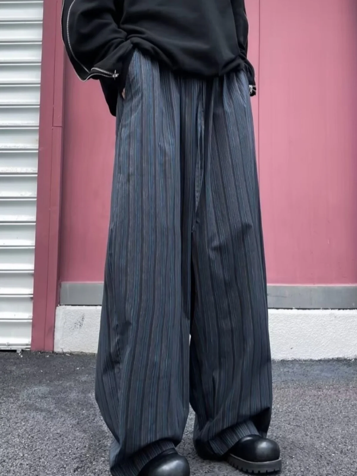 

Retro Hong Kong Sle Men's Casual Pants Loose Design Straight Leg Stripe Pattern Knife Long Trousers Streetwear