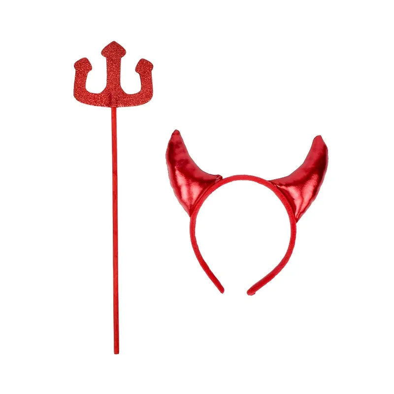 2-piece Set: Red Cartoon Ox Horn Headband + Trident Prop, Kids' Accessory for Stage Shows, Birthday Party & Photo Decoration view 2