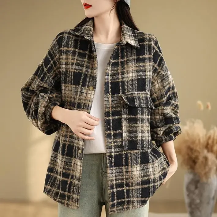 Dimanaf 2024 New Women Blouse Plaid Warm Coat Jackets Autumn Outerwear Casual Long Sleeve Loose Button Coat