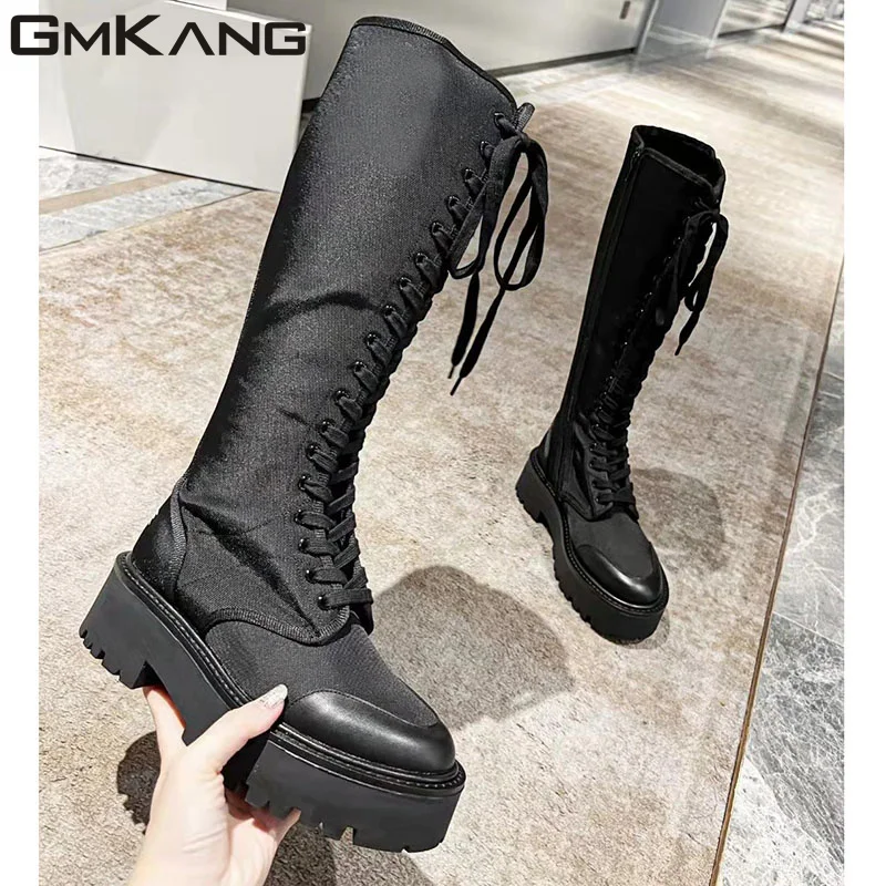 New Arrival Thick Sole Motorcycle Boots Women Black Lace Up Long Boots Woman Round Toe Flat Shoes Women Runway Knee High Boots