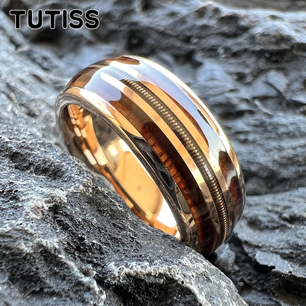 TUTISS 8mm Men's And Women's Tungsten Ring Dome With Three Grooves Inlaid With Rosewood And Guitar Strings For a Comfortable Fit