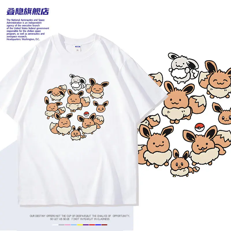 

Anime Eevee Pokemon Collaboration Pure Cotton Short-sleeved T-shirt for Men and Women, Summer, Anime Style, Loose-fitting