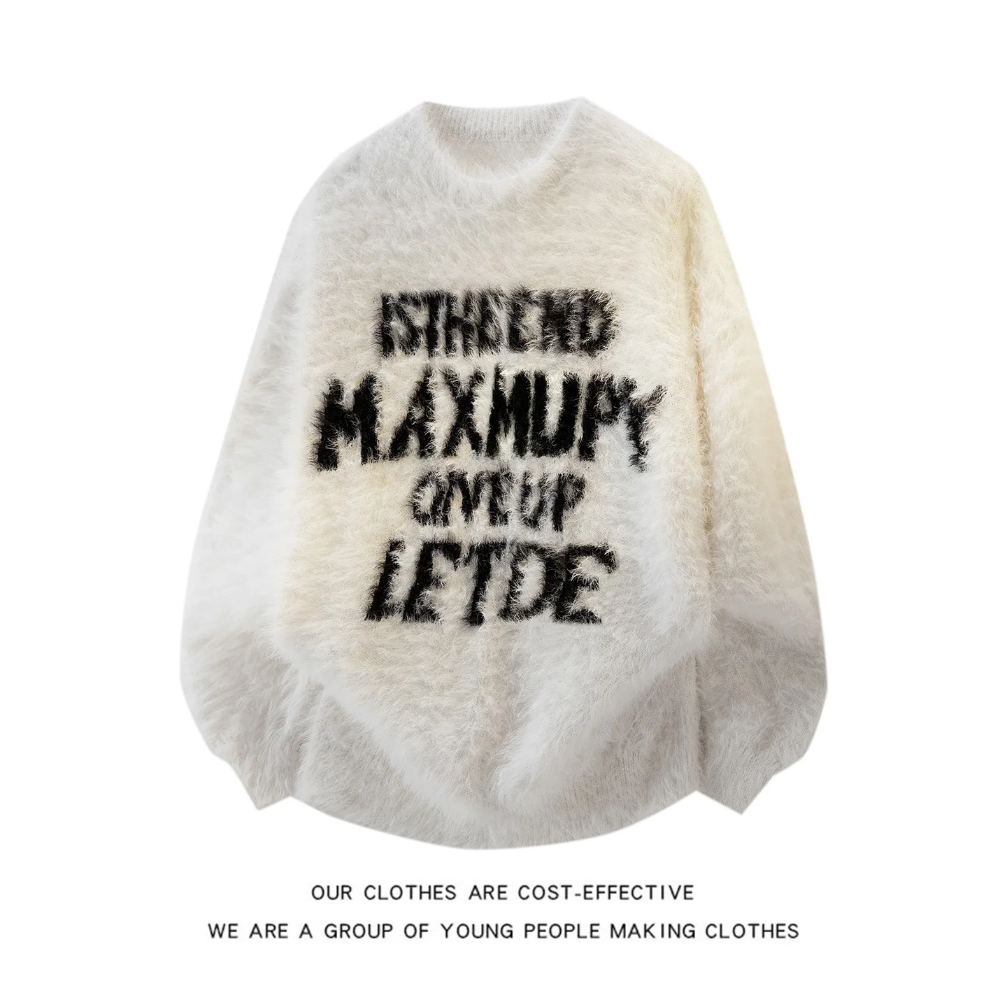 

Laid-ba Sle Men's Knitted Sweater round Ne Fur Simulation Letter Embroidery American Cool Street Faion Couple Match