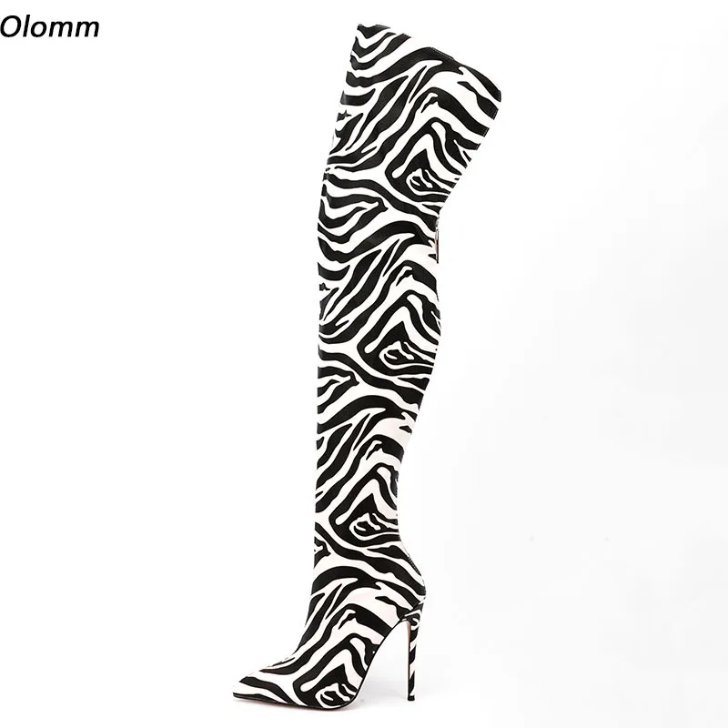 Olomm 2022 Women Winter Long Boots Zebra Stiletto Heels Back Zipper Pointed Toe Pretty Black Party Shoes Ladies US Size 5-15