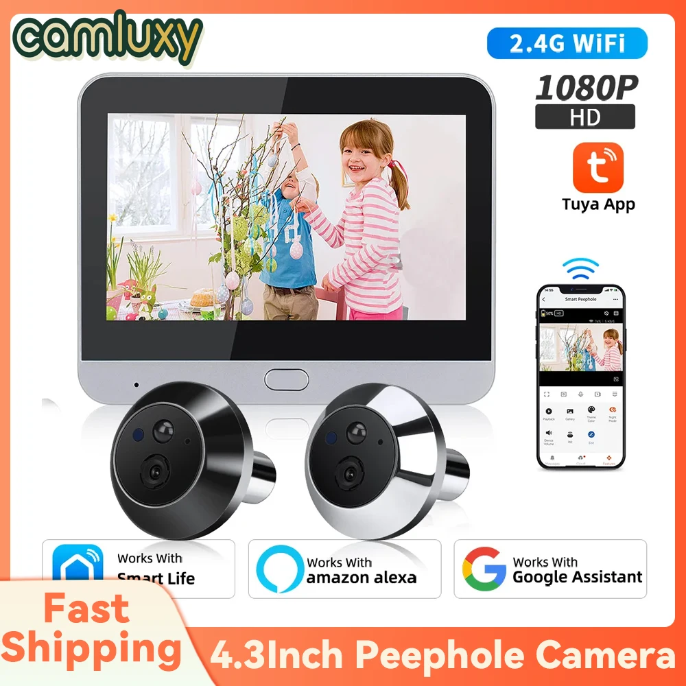 Camluxy Tuya 2.4G Wifi Peephole Camera 4.3Inch Screen 1080P One Way Audio Night Vision Door Viewer Wireless Doorbell at Home