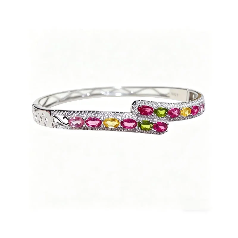 

S925 Sterling Silver Natural Tourmaline Bangle 3x5mm Oval Multi-Color Gemstone Cuff Bracelet with Zircon Halo for Women