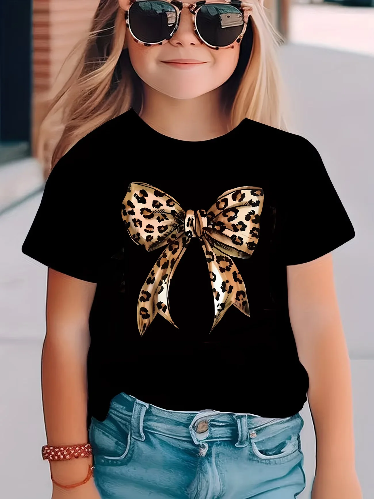

Винтажные футболки с леопардовым принтом и бантом в стиле Y2K для девочек, ретро-футболки с коротким рукавом, детские футболки с графическим принтом, летние и весенние повседневные топы для девочек