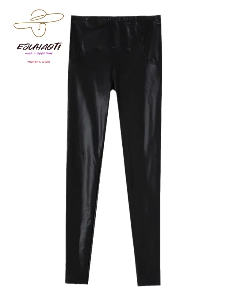 Women Oversize Leggings Sexy PU Leather Pants Spring Autumn Thin Velvet Artificial Increase Matte Trousers Tight