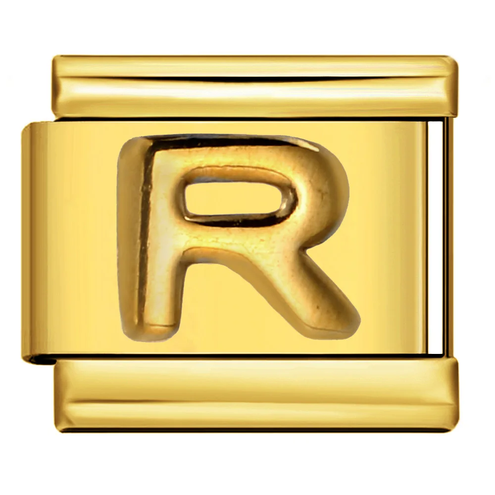 Modische italienische Glieder passend für 9mm Edelstahl in Goldfarbe, 26 englische Buchstaben A-Z Anhänger Schmuck für Damen und Herren, DIY Armbandherstellung. – Detail 4