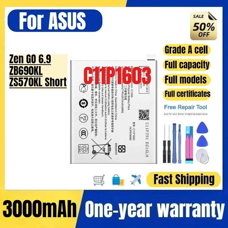 C11P1603 for ASUS Zen GO 6.9/ZB690KL/ZS570KL Short Mobile Phone Battery High Quality Replacement Bateria Grade A Cell with Tools