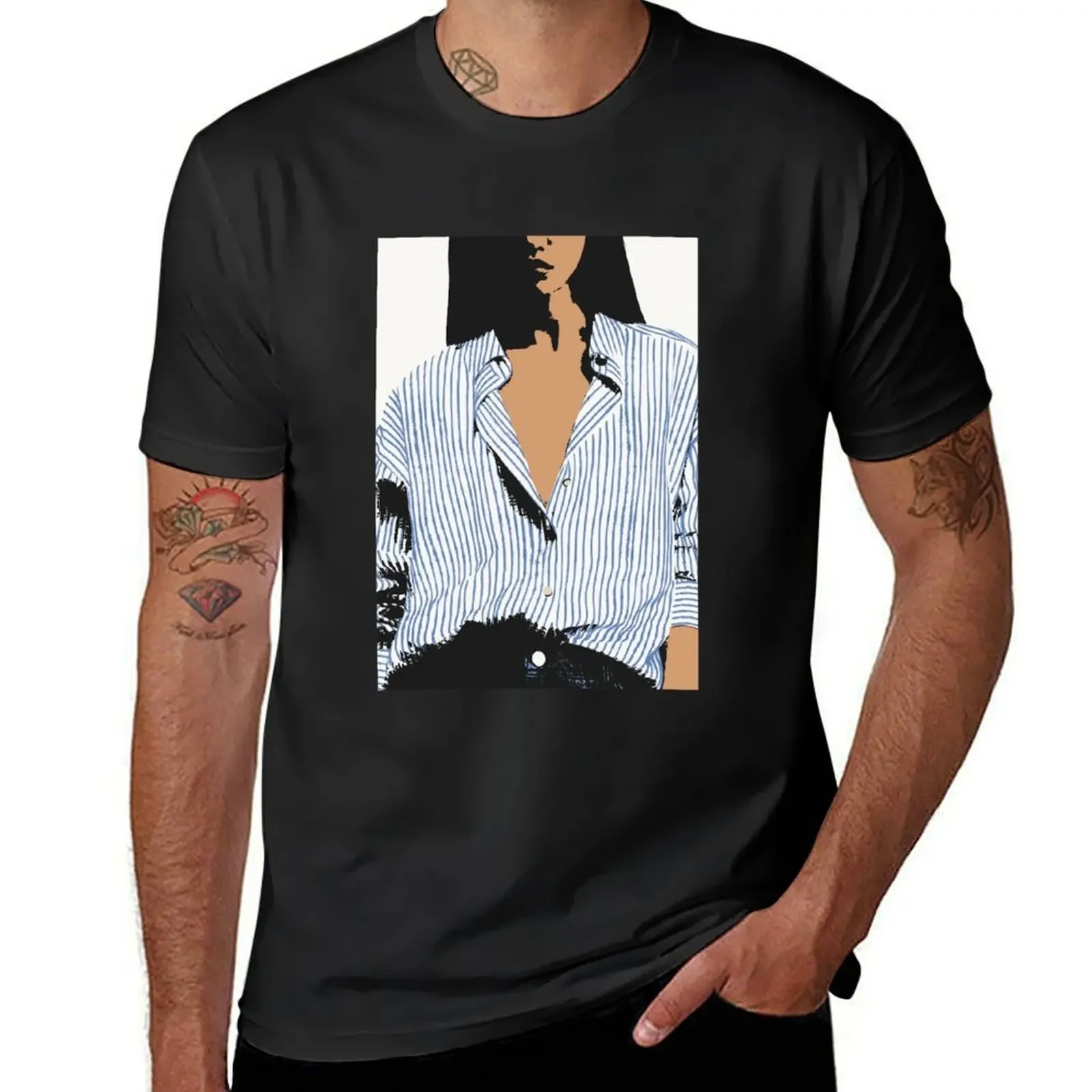 Bohemian Neutral Illustration of a Woman in a Blue Stripes Shirt Fashion Graphics T-Shirt