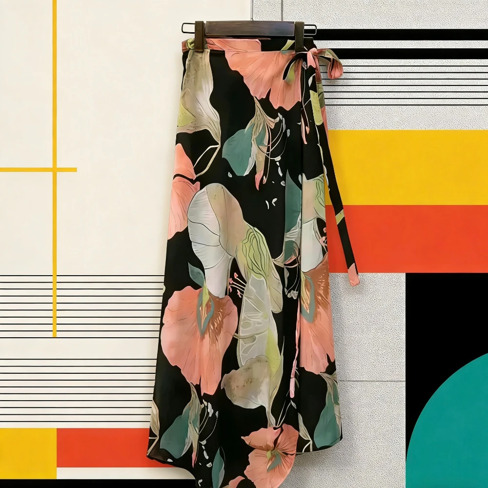 

Летняя пляжная женская юбка средней длины с высокой талией и цветочным принтом, цельная юбка с запахом для похудения, юбка с запахом бедер в стиле ретро