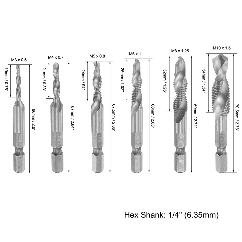 6pcs HSS Spiral Flute Tap Combination Drill and Tap Bit Set M3 M4 M5 M6 M8 M10 with 1/4" Hex Shank Spiral Flute Tapping Tool