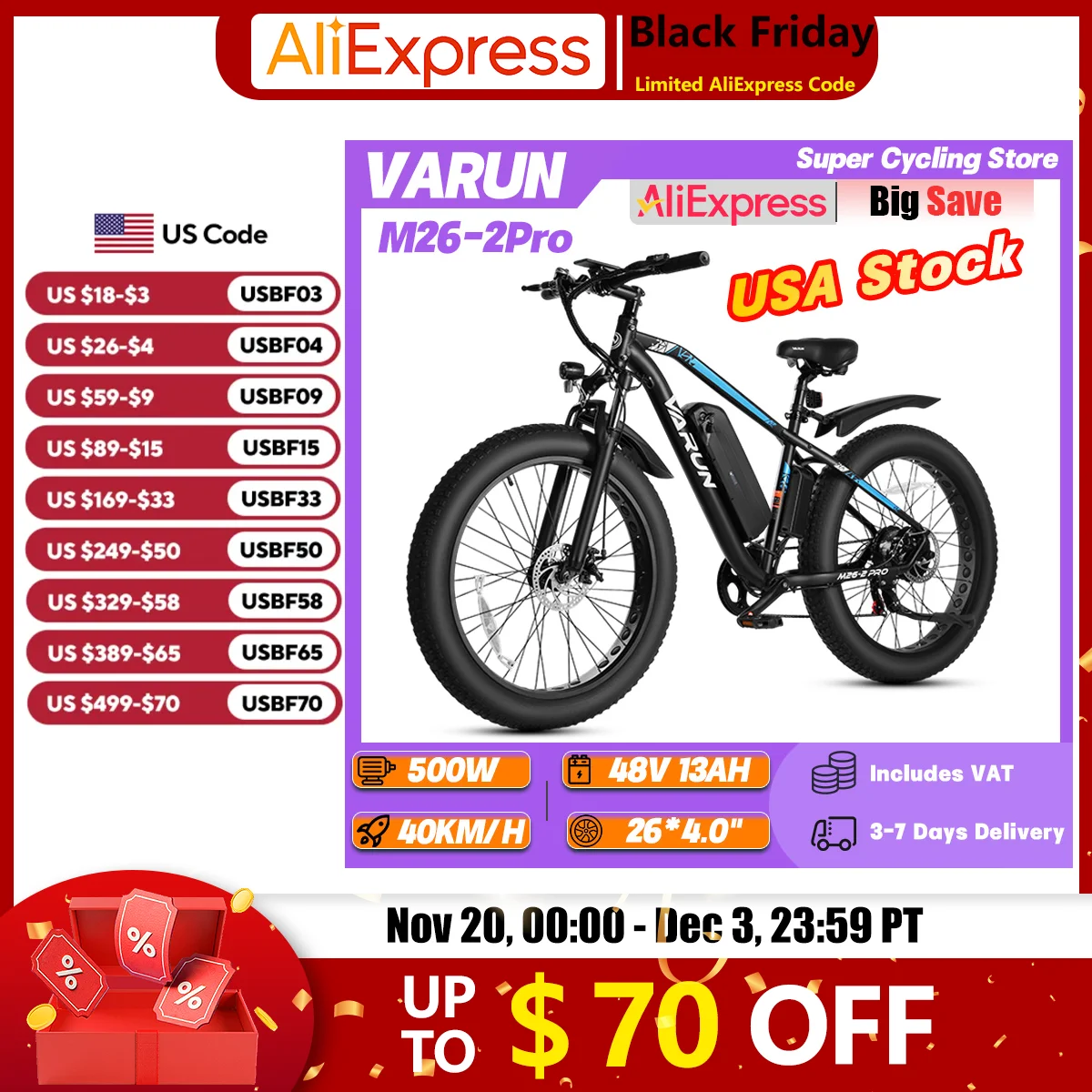 

VARUN M26-2Pro Adult Off-Road Ebike 500W Motor 48V 13Ah Battery Commuting Electric Bicycle 26*4.0" Fat Tire Urban Electric Bike