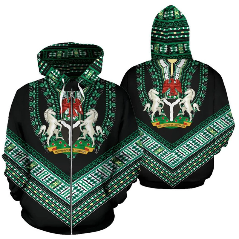 Nigeria Flag Map Hooded Sweatshirts NGA National Emblem Zip Up Hoodie For Men Clothing Casual Male Daily Sports Boys Pullovers