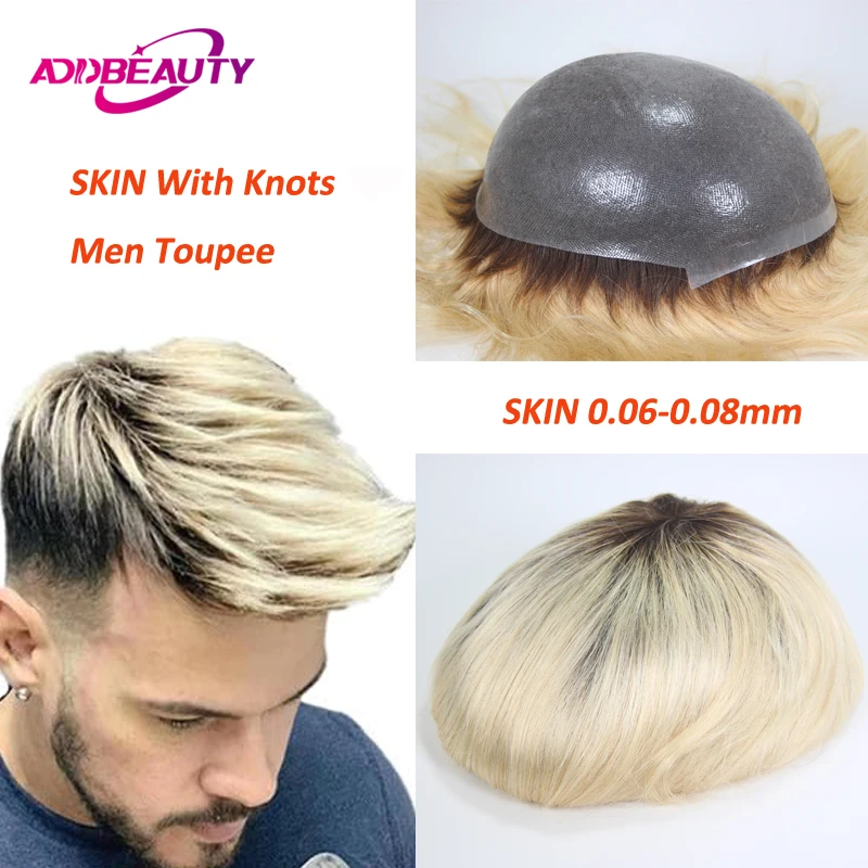 

Мужской парик-накладка Skin Men Toupee с узлами, тонкая полимерная основа (ПУ) 0.06-0.08 мм, мужской капиллярный протез, европейские парики из натуральных волос, система замещения волос, блонд