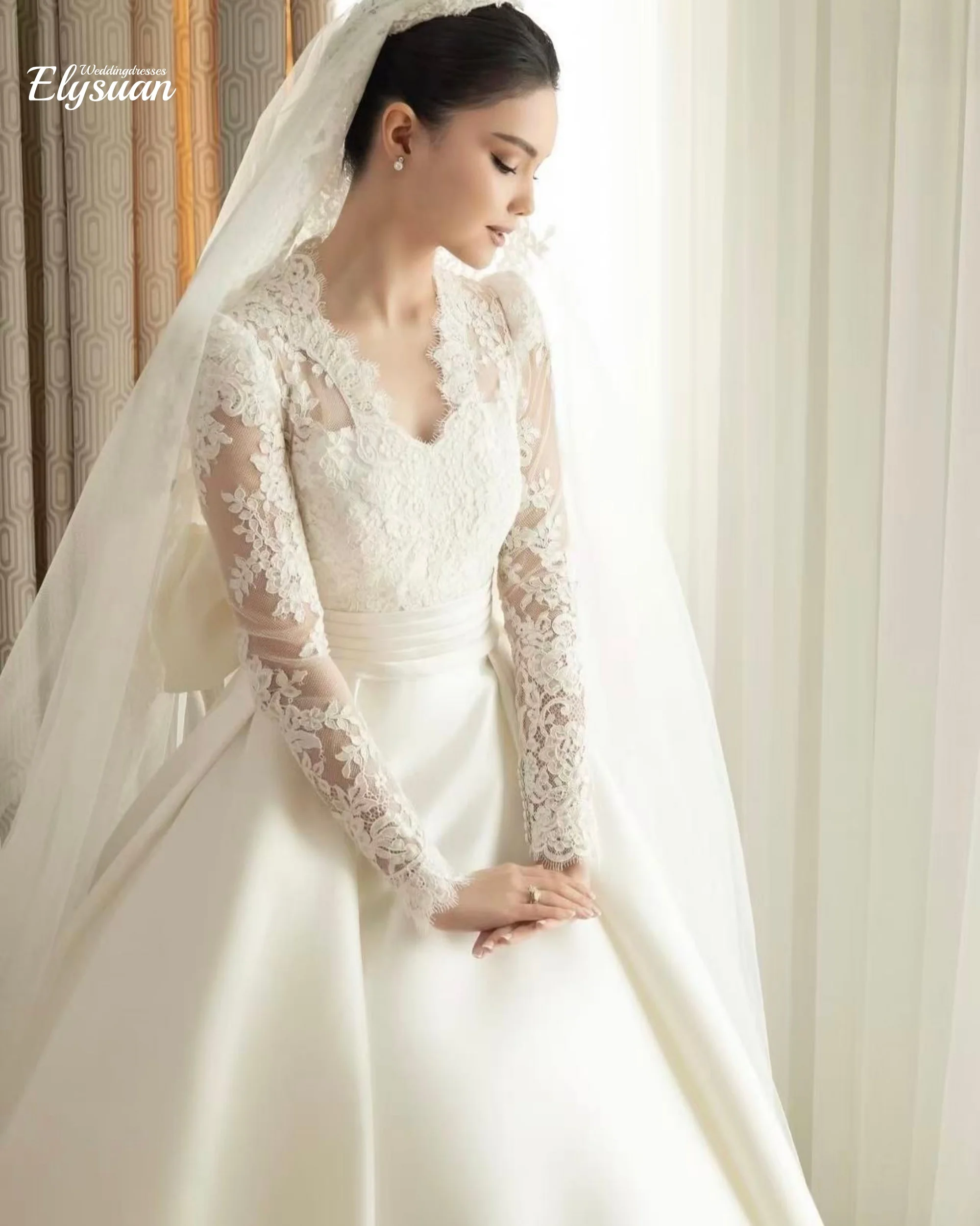 Customized Ball Gown With Lace Wedding Dress V Neck Women's Bridal Gown Stunning Satin Illusion Long Sleeves