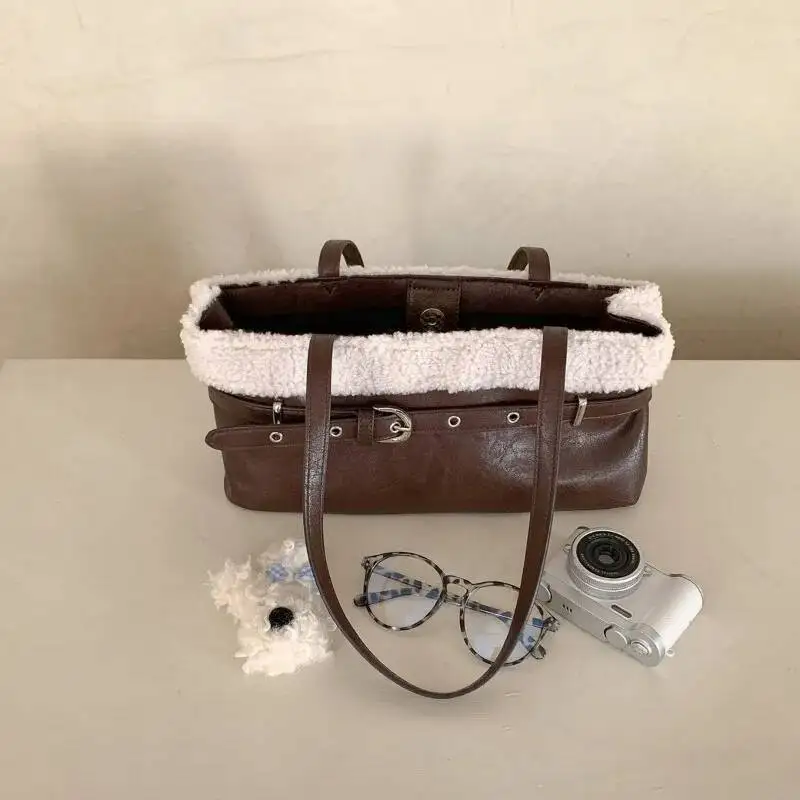 패션 퍼 패치워크 우아한 숄더백 디자인 오피스 레이디 시크 벨트 언더암 백 2025 스위트 Y2K 핸드백