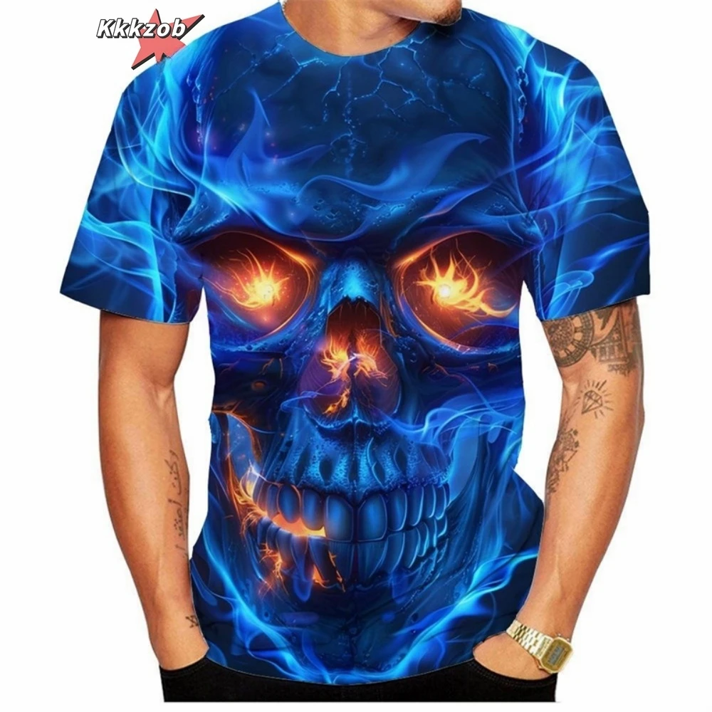 Men's T-Shirt Flame Skull 3D Pattern Printed T-Shirt Street Style Round Neck Fashion Men's Oversized T-Shirt Men Short Sleeve