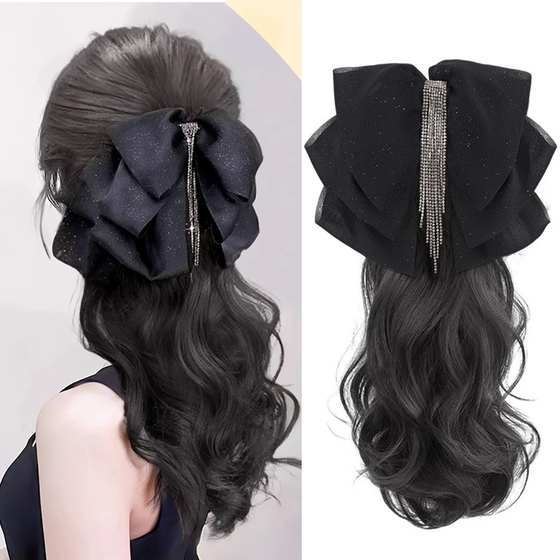 Tassel Bow Claw Clip Ponytail for Women Short Natural Wave Ponytail Hair Extensions Synthetic Water Wavy Hairpiece Horse Tail