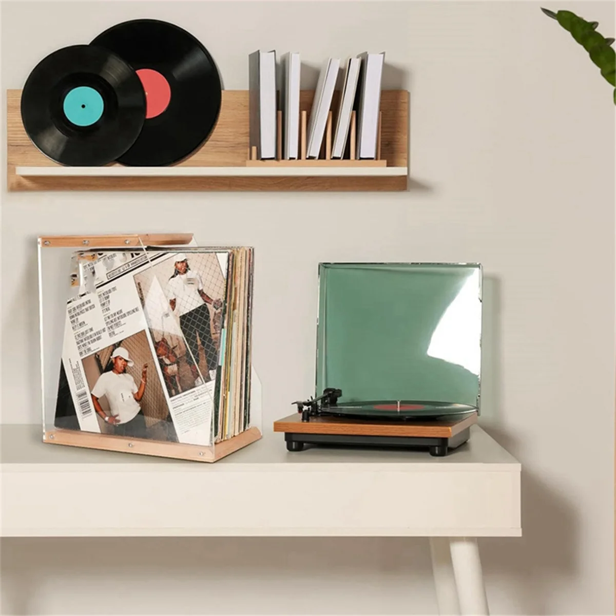 Record Storage Holder Solid Wood Display Rack Holds 40+ Album Desktop Organizer Stand for Books Magzines Files