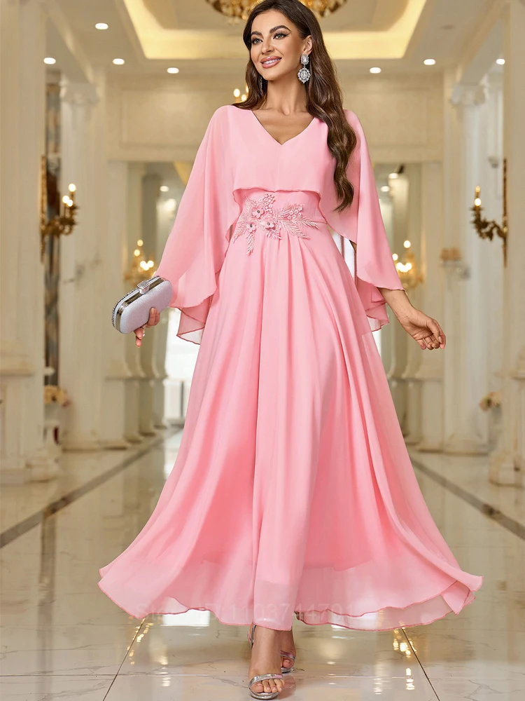 2024 New Pink Chiffon Boho Dress Spring Summer Long Sleeve Prom Evening Women Elegant Fashion Midi Dresses Vestidos De Fiesta