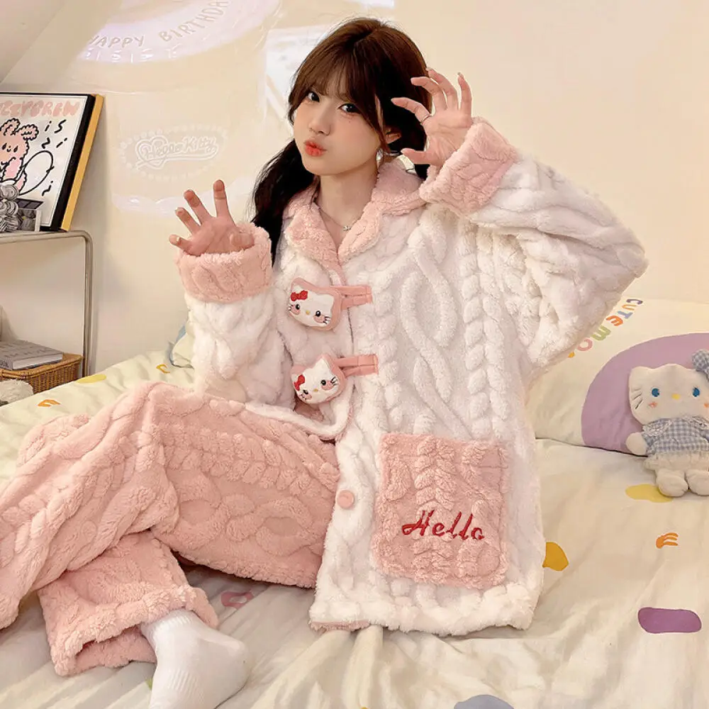 Conjunto de pijama de felpa Kawaii de Hello Kitty para mujer, camisón grueso de invierno de Anime Sanrio para niñas, ropa cálida para el hogar