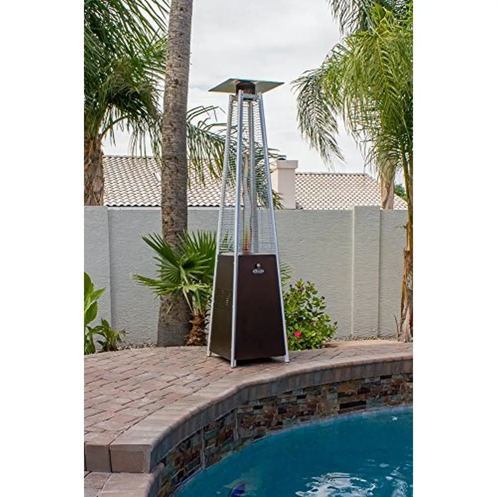 Gas Powered Pyramid Glass Tube Patio Heater with Wheels 40,000 BTU Hammered Bronze Outdoor Heat Tower Safe Tilt Valve 91