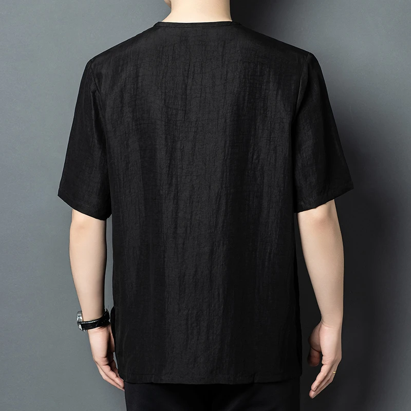 Silk 100% High-End Shirts For Men Short Sleeve Buttoned Collarless Gambiered Canton Gauze Summer Skin-Friendly Camisas De Hombre