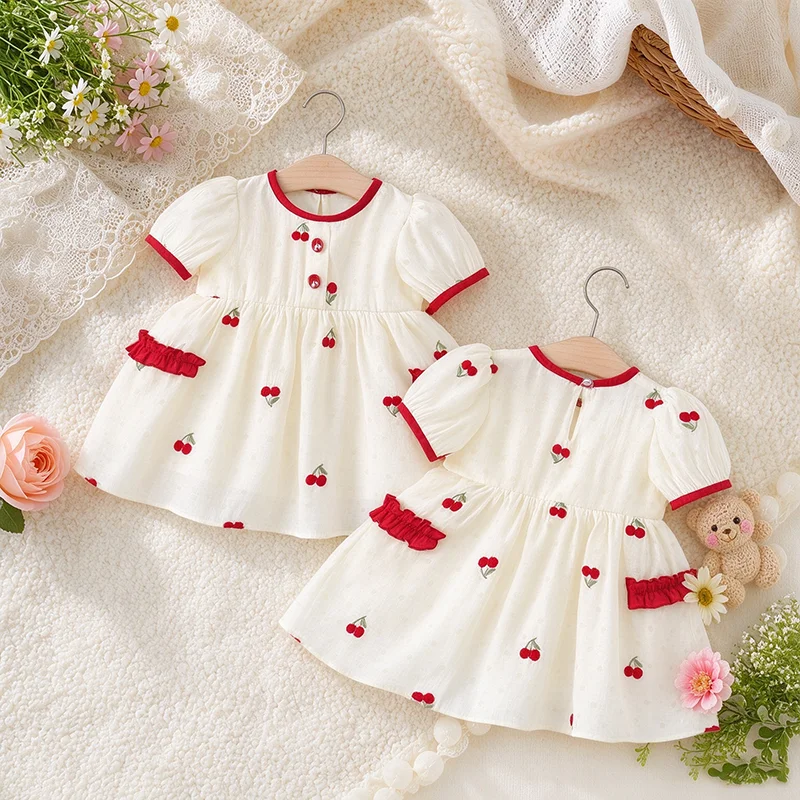 Adorable Summer Children Beige Dress Fashionable Soft Baby Girl Short Sleeve Costume Newborn Sweet Cherry Dresses Kid Clothing