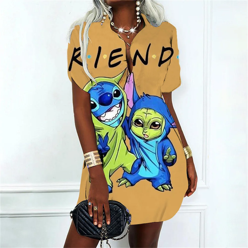 Summer Fashion Lilo & Stitch Fashion Polo Shirts Mini Dress Dresses for Women 2024 V Neck New Y2k Album Sexy Elegant Party Su