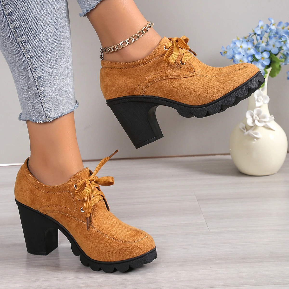 Ankle Square Heel Modern Boots Autumn Adult 2024 Hot Sale Shoes Female Lace-up Round Toe Pu Mid Heel Fashion Women\'s Boots