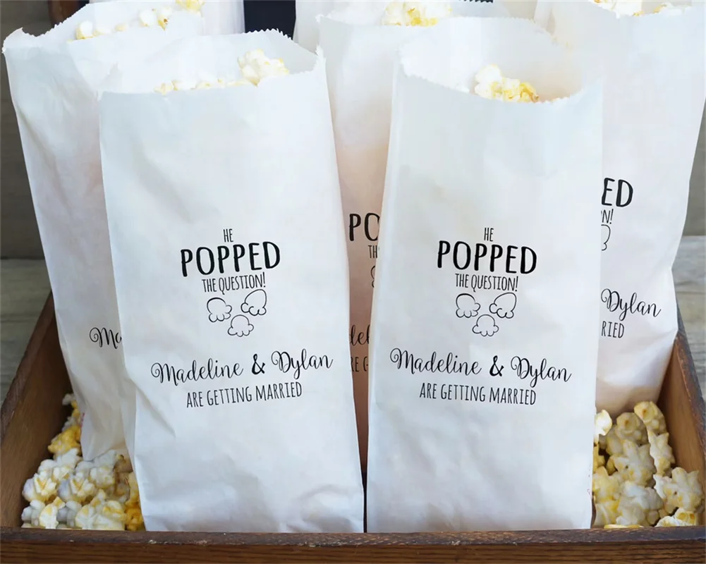 50PCS Engagement Party Favor Bags, Popcorn Buffet, He Popped The Question - Grease Resistant - Custom Names