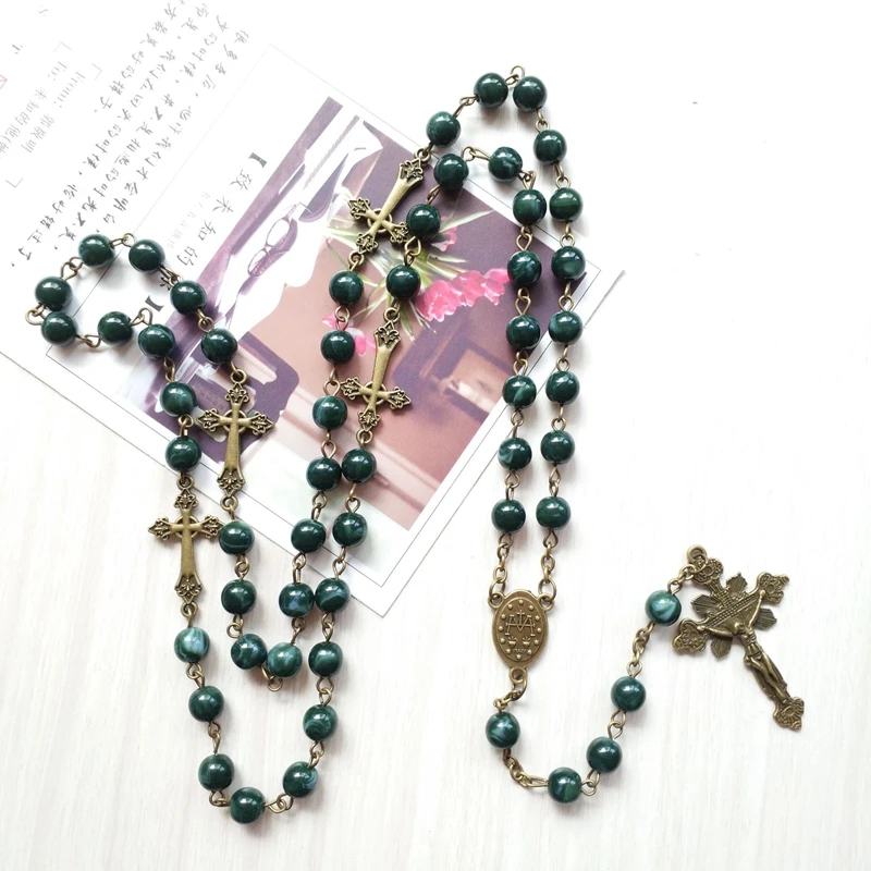 QIGO Blue Acrylic Rosary Necklace Long Cross Pendant Catholic Necklace Religious Jewelry For Men Women