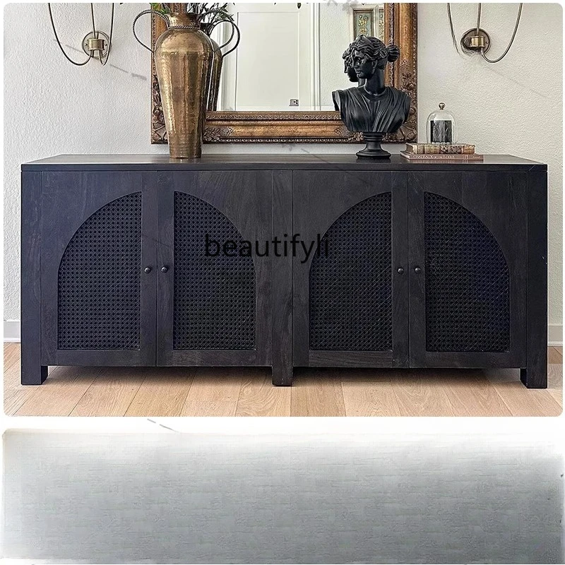 

French retro solid wood dining side, medieval simple TV locker, American light luxury rattan storage cabinet