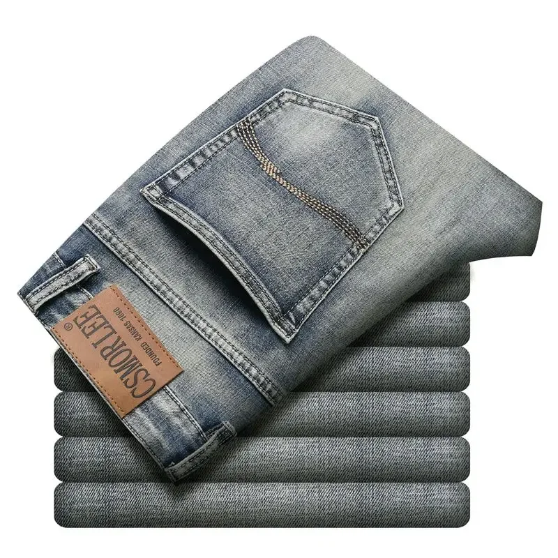 Pantalones vaqueros de algodón elásticos Vintage para hombre, pantalones vaqueros de lavado informales a la moda, rectos y ajustados, pantalones masculinos de alta calidad