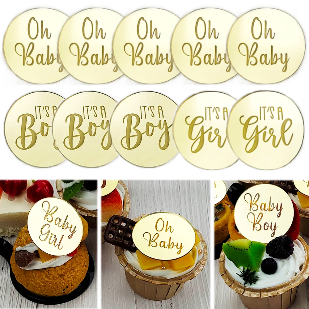 5/10Pcs Oh Baby Cake Toppers Its A Boy Girl Cupcake Toppers Gold Acrylic Cake Decoration for Baby Shower Gender Reveal Party