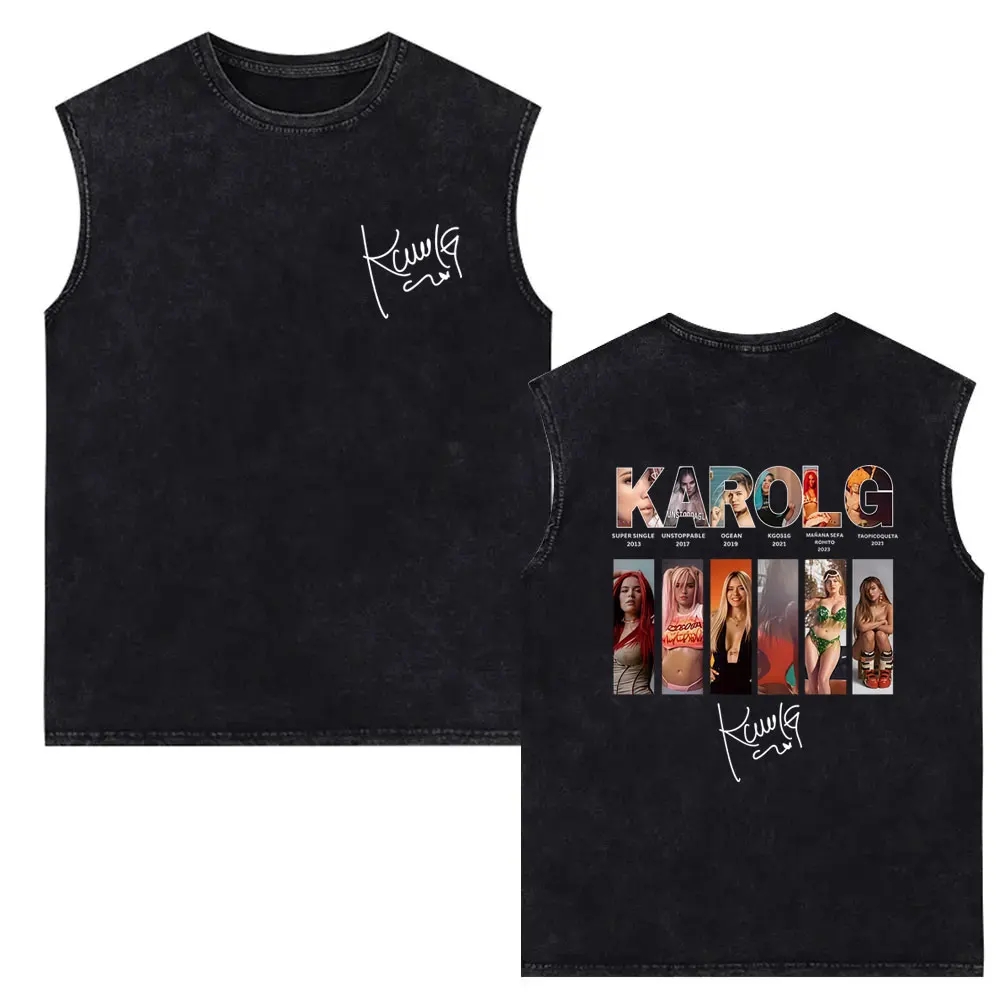 

Singer Karol G Music Album Cover Vintage Washed Tank Tops Tropicoqueta Sleeveless Vest Men Women Fashion Casual Oversized Tshirt