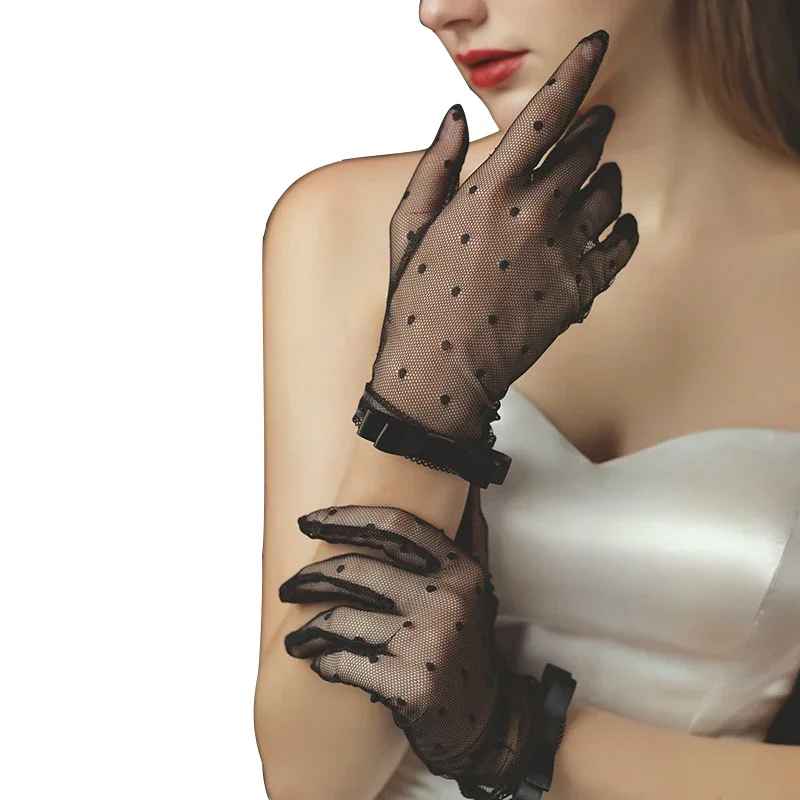 Transparent Fishnet Gloves Bowknot Full Finger Mittens Elegant White Lace Gloves Mesh Tulle Women Summer Sunscreen Thin Gloves