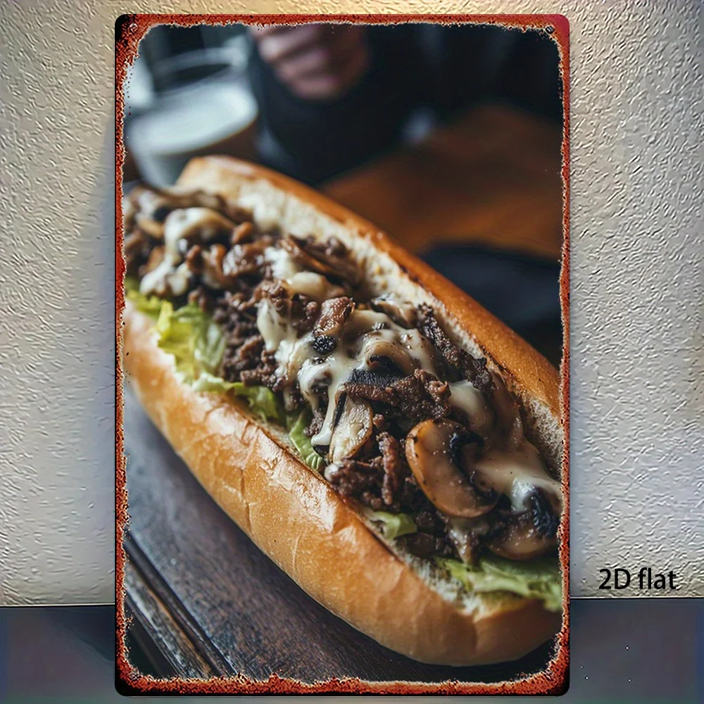 2D Flat, 2D Flat, This Is a 2D Flat Metal Sign Featuring a Tasty Cheesesteak Sandwich with Mushrooms, Designed with a Vintage Di