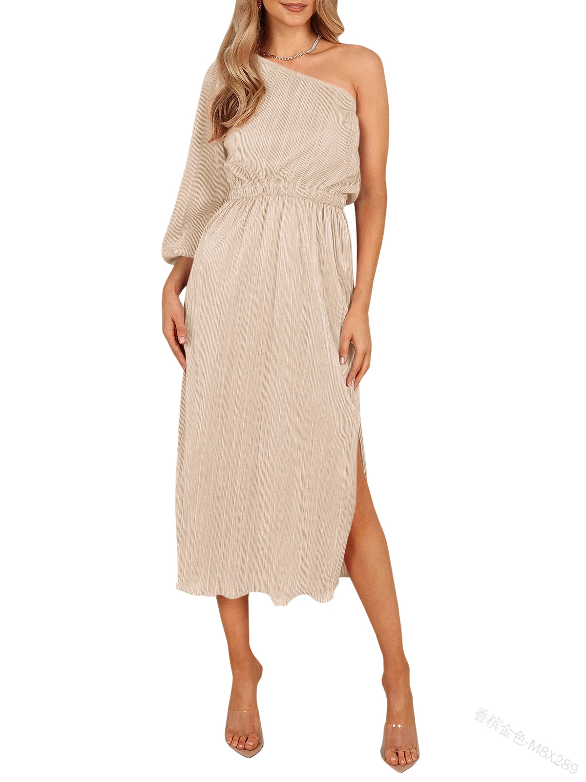 

Solid One Shoulder Long Sleeve Elegant Evening Dress Side Split Long Dresses Summer Women Clothing Fashion High Waist Streetwear