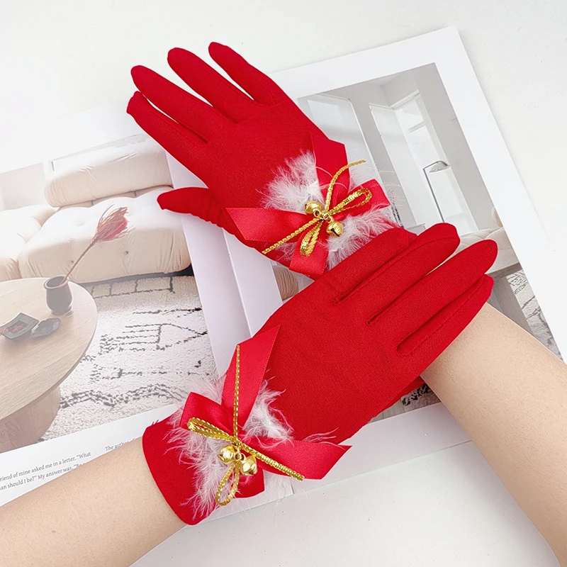 

Red Christmas Milk Silk Bow Bell Feather Gloves Cosplay Short Elastic Dance Performance Women's Summer Sun Protection Sleeves