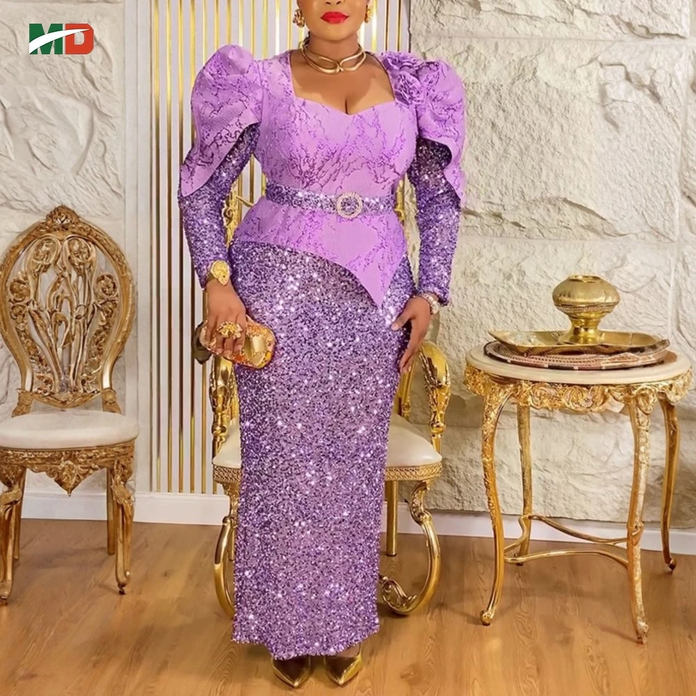 

MD Африканское женское платье больших размеров с пайетками и квадратным вырезом, пышное платье с плечами и длинными рукавами, пояс для свадебной вечеринки, Рождества