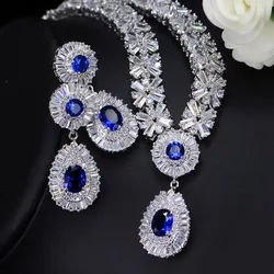 ThreeGraces Luxurious Blue Cubic Zirconia Stone Silver Color Large Bridal Wedding Earrings Necklace Jewelry Set for Women TZ775