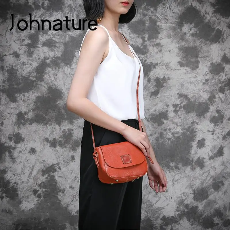 Johnature 2024 Summer New Genuine Leather Retro Women Small Bag Versatile Soft Nature Cowhide Shoulder & Crossbody Bags