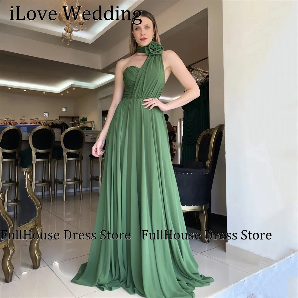 

Green Chiffion Evening Gown Halter 3D Flower Prom Dress One Shoulder Evening Dress for Women robes de soirée Customized