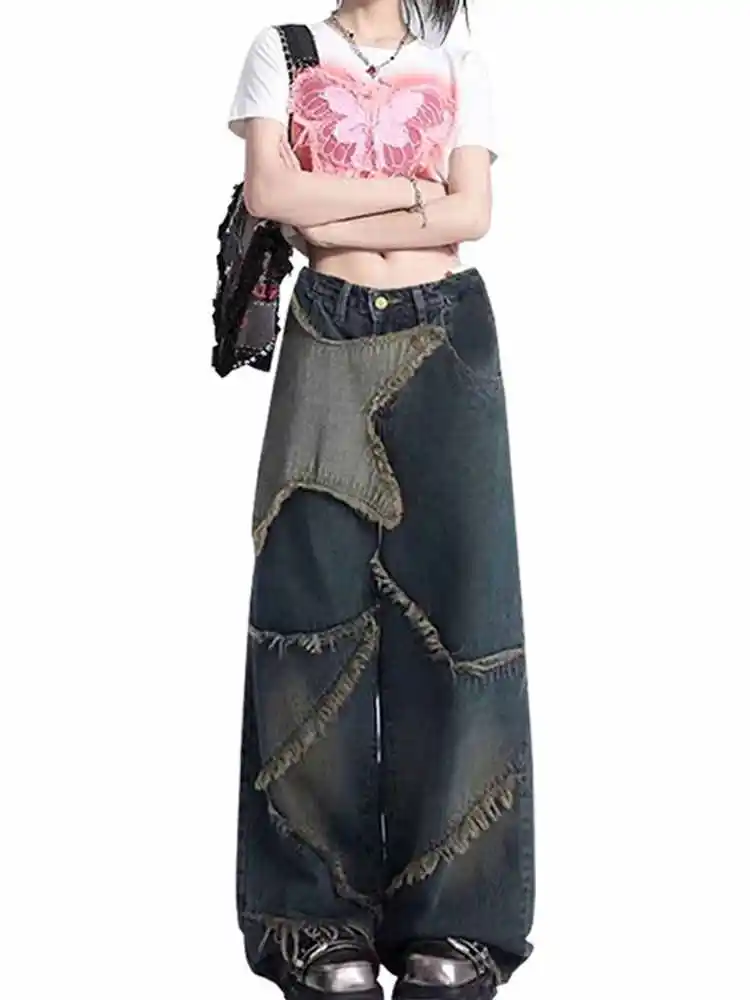 Damen Y2k Baggy Ripped Jeans Harajuku Vintage Oversize Hip Hop Grunge Denim Hose Japanischer 2000er Jahre Stil Boyfriend Jeans Hose