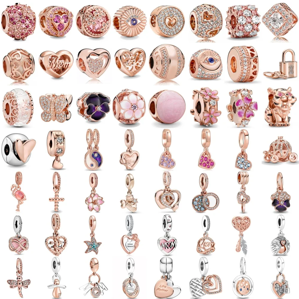 

Rose Gold Series Heart-Shaped Bead Pendant Flower Clip, 925 Silver Suitable for European Original Bracelet DIY Exquisite Jewelry