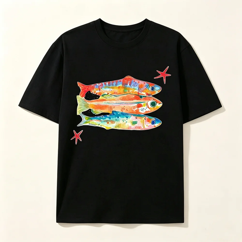 Colorful Watercolor Fish Starfish Graphic T‑Shirt Men Women Art Painting Short Sleeve Tees Summer Casual Loose Fit Tops